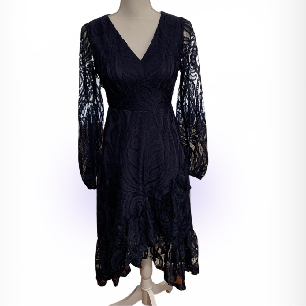 JJs House Navy Lace Midi Dress with Sheer Long Sleeves